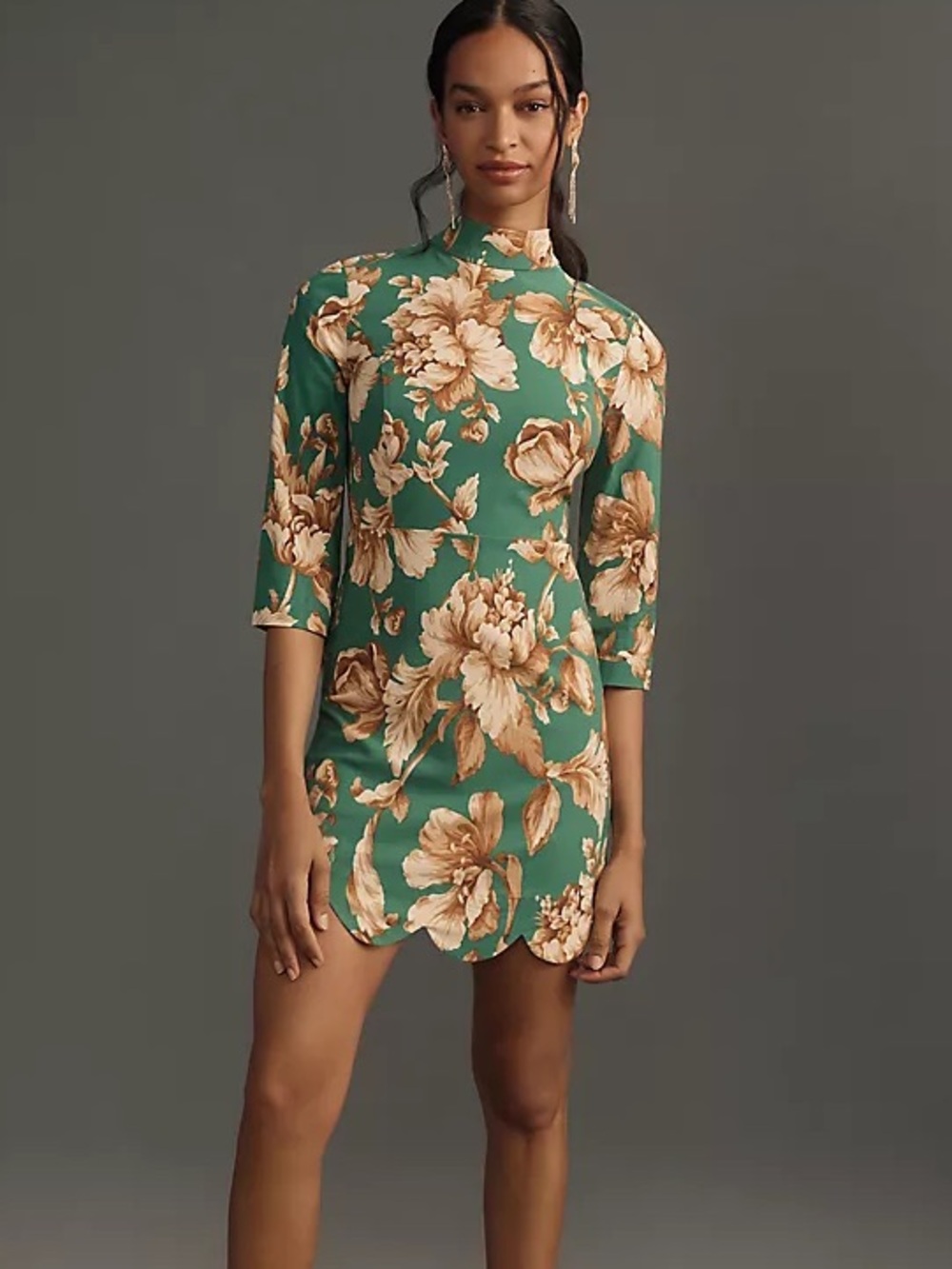 Anthropologie Maeve Mock Neck Shift Mini Dress 14 Scallop Hemline Green Floral